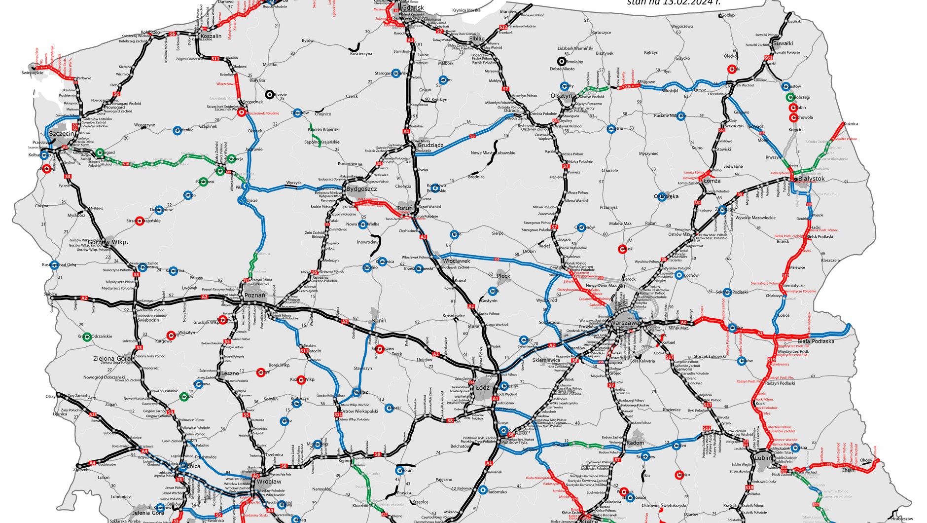 Mapa stanu budowy dróg krajowych