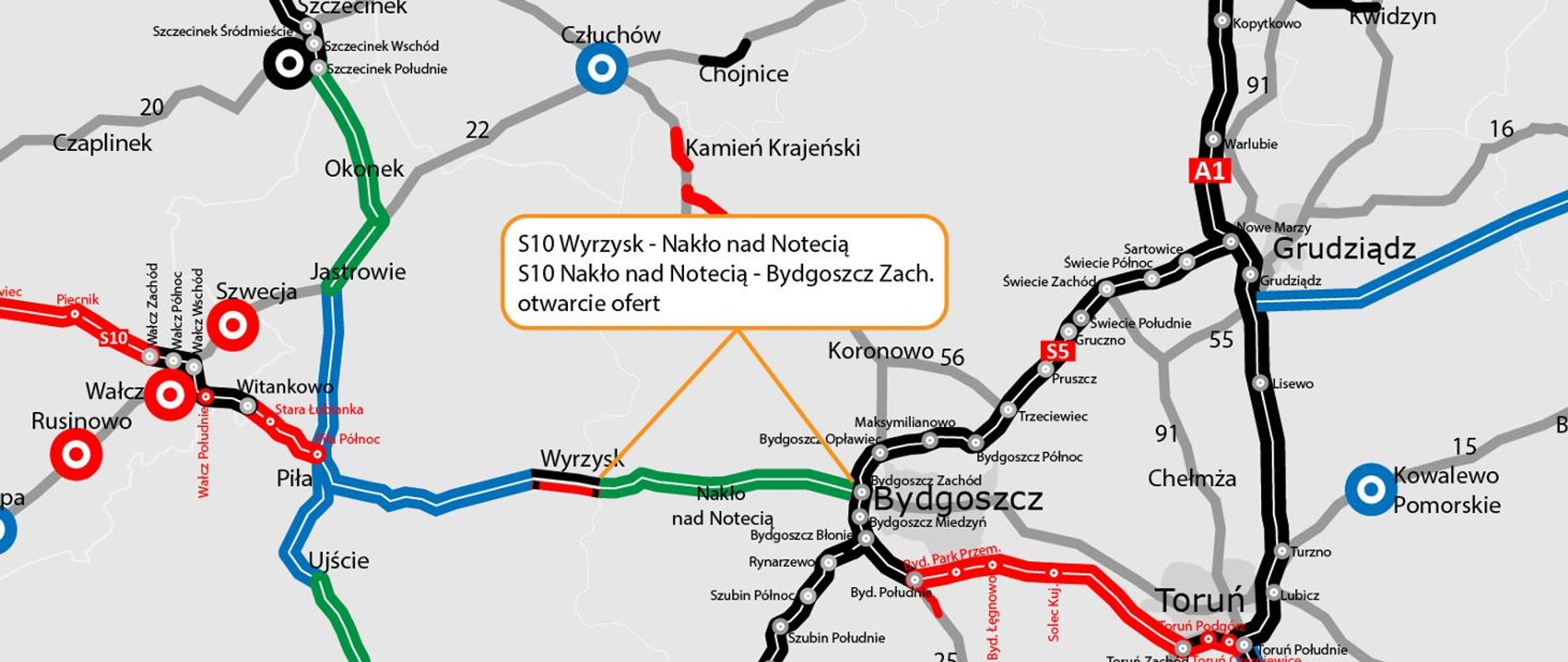 Droga S10 koło Bydgoszczy - mapa