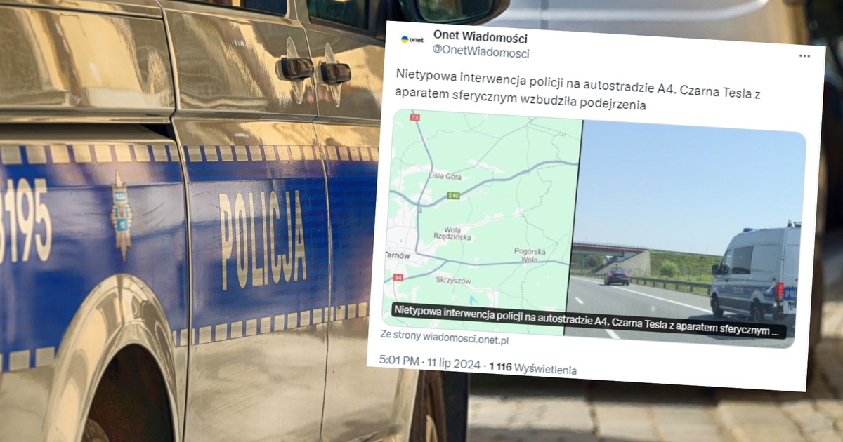Policja zatrzymała czarną Teslę na autostradzie A4 (screen: OnetWiadomosci/X)