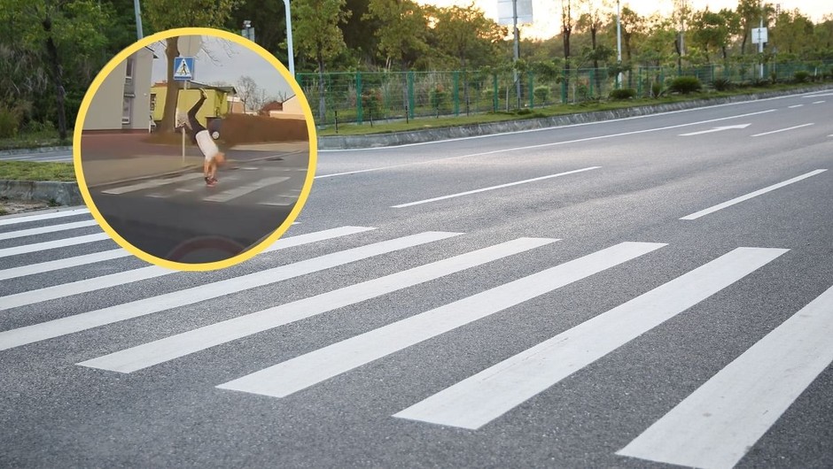 Pieszy przeszedł przez pasy na rękach (Screen: YouTube/@STOPCHAM)