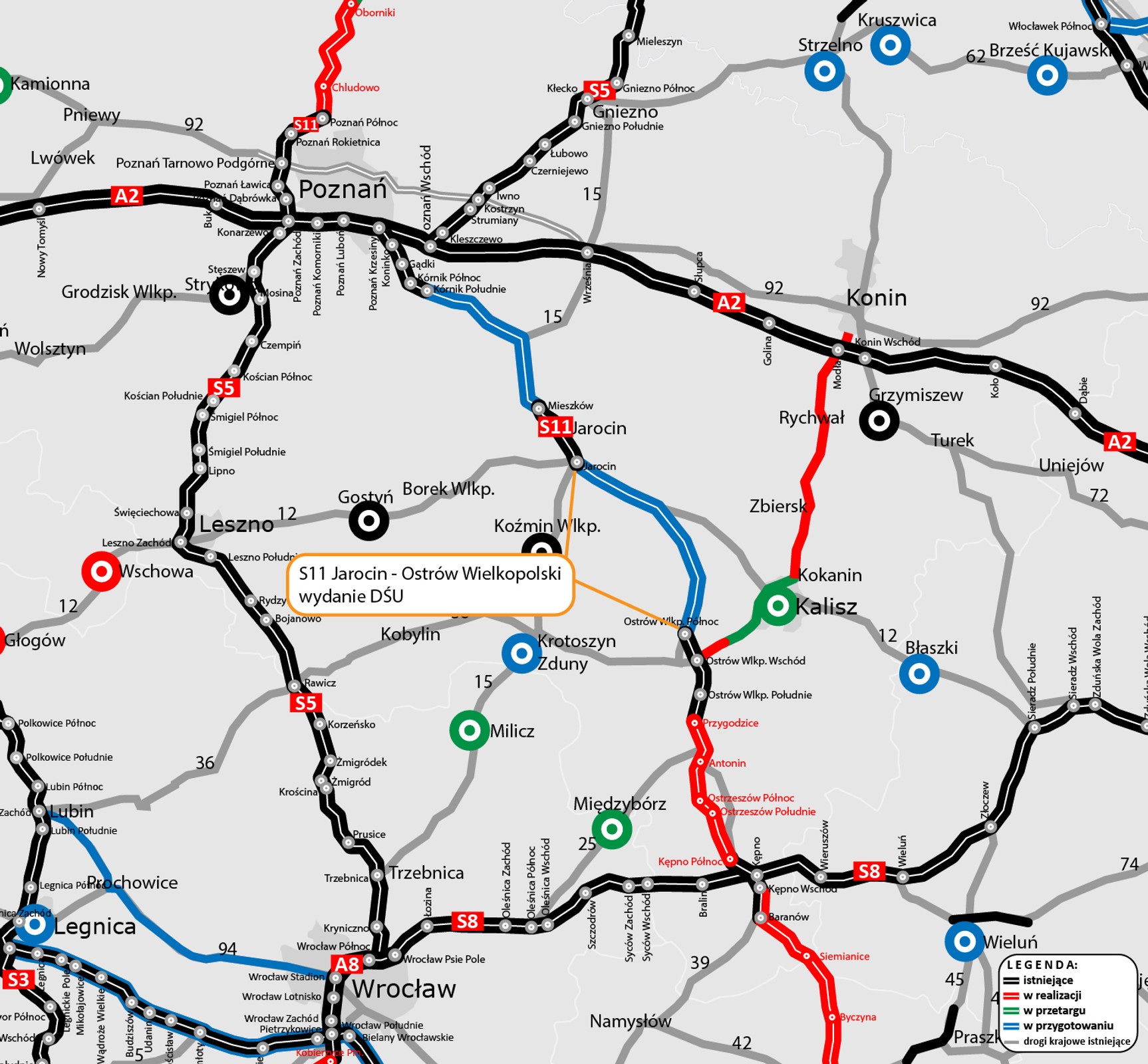 Droga S11 Jarocin - Ostrów Wielkopolski na mapie