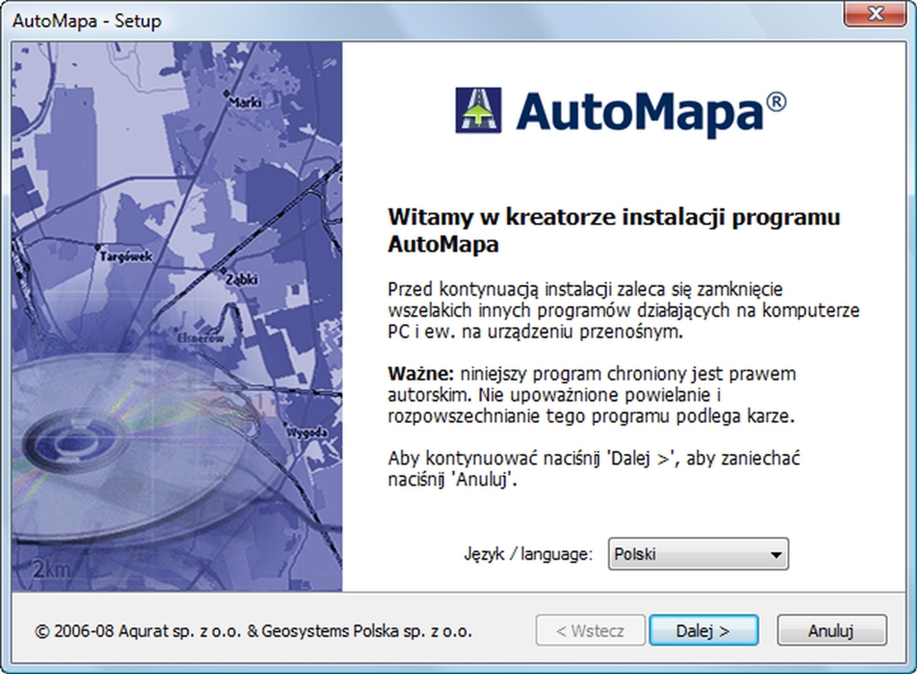 Menu programu do aktualizacji AutoMapy dla systemu Windows (CE, Mobile a także wersji na komputer PC).