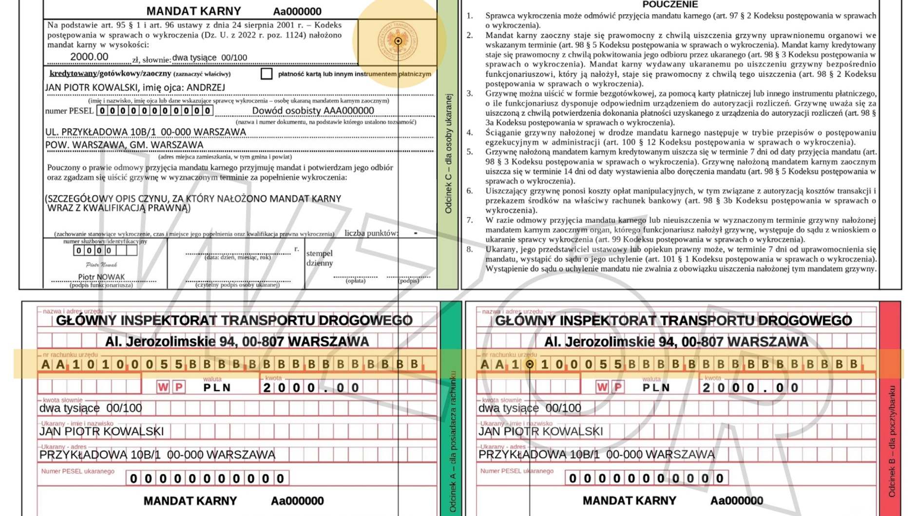 Wzór mandatu karnego z fotoradaru