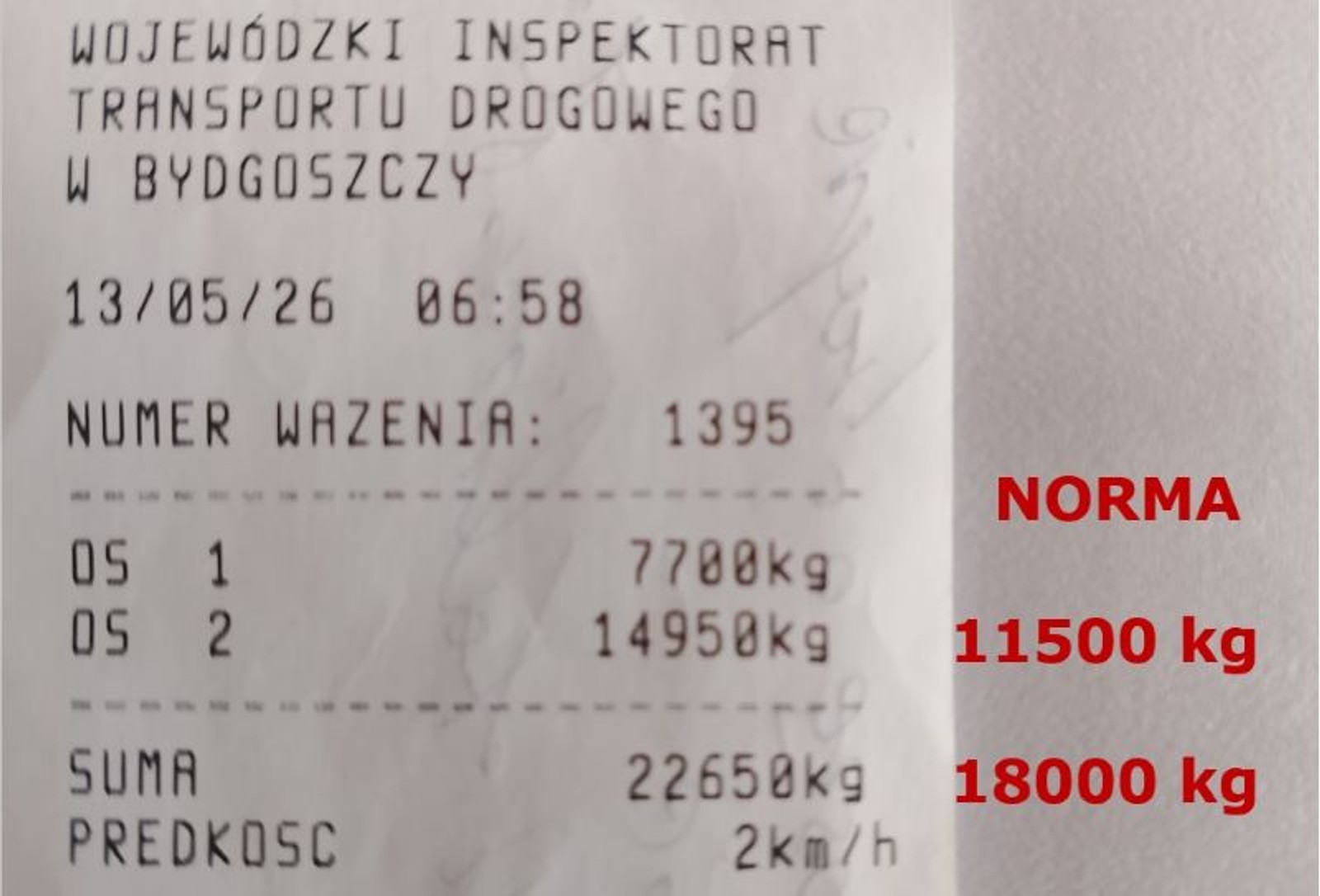 Wyniki ważenia pojazdu
