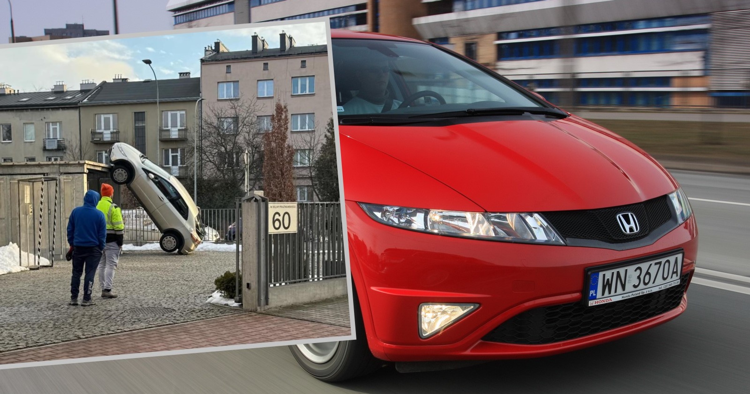 Honda Civic stojąca w pionowej pozycji w Krakowie