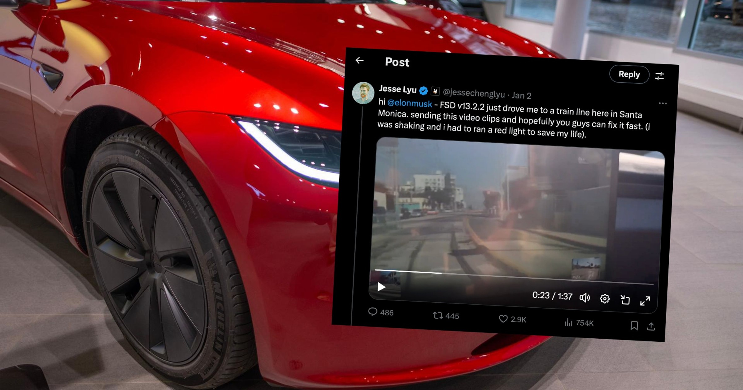 Tesla zamiast na jezdnię, wjechała na tory