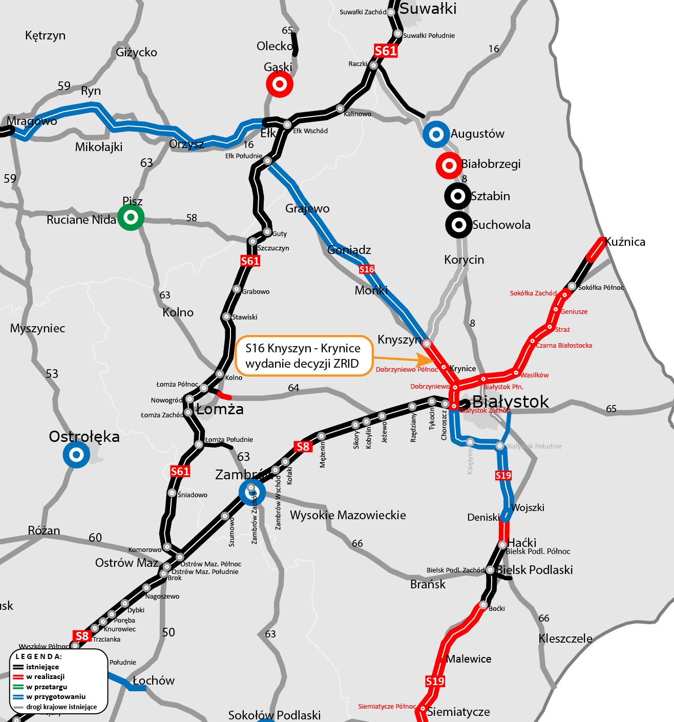 Mapa odcinków dróg z oznaczonym odcinkiem S16 Knyszyn - Krynice