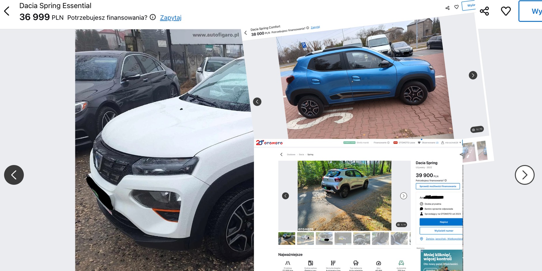 Ogłoszenia na Otomoto.pl – wśród młodych samochodów na prąd do najtańszych należą Dacie Spring. Auta z 2022 roku z przebiegiem od kilkunastu tys. km można kupić w cenie poniżej 40 tys. zł