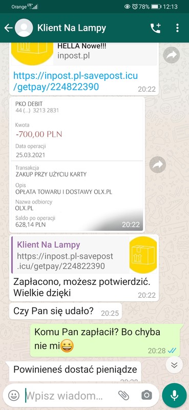 Oszustwa na OLX - korespondencja z oszustem atakującym sprzedawców