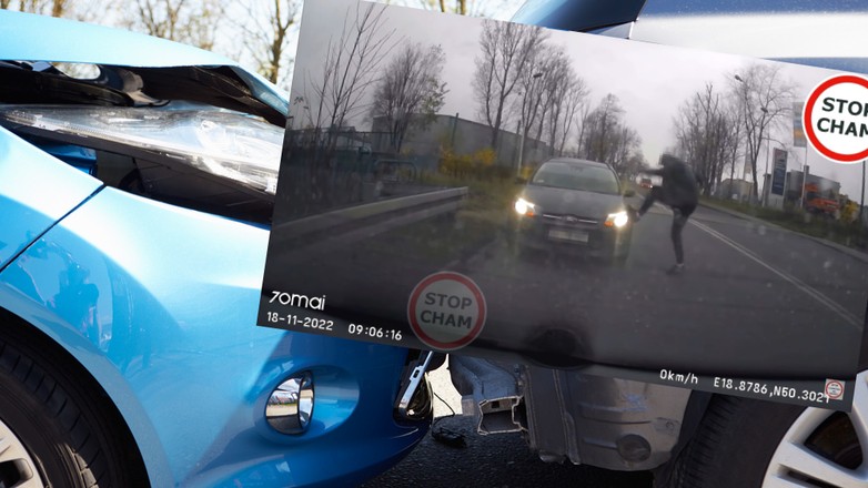 Po kolizji w złości skopał swoje auto