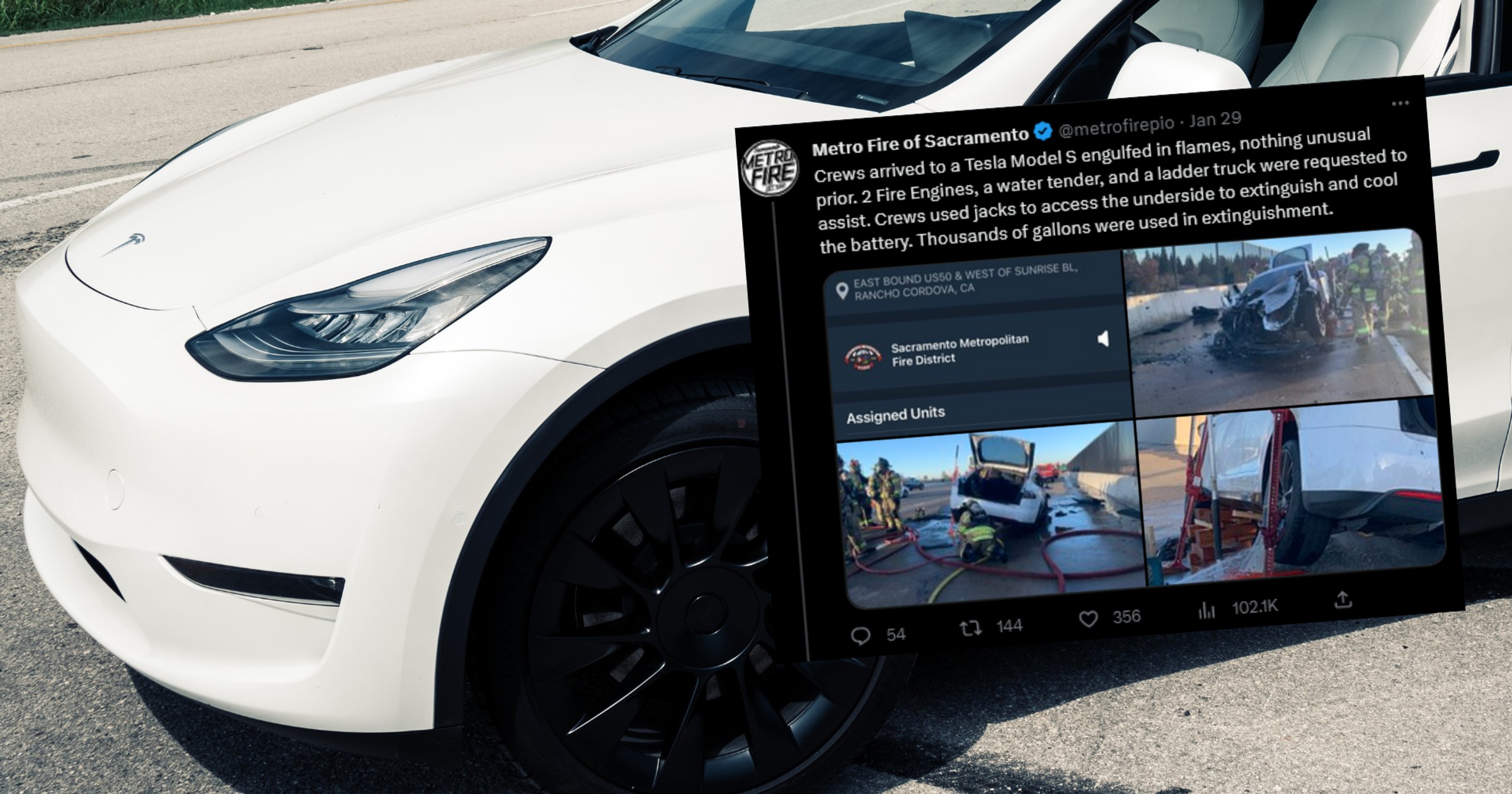 Tesla Model S zaczęła płonąć (fot. screen z twitter.com/metrofirepio)