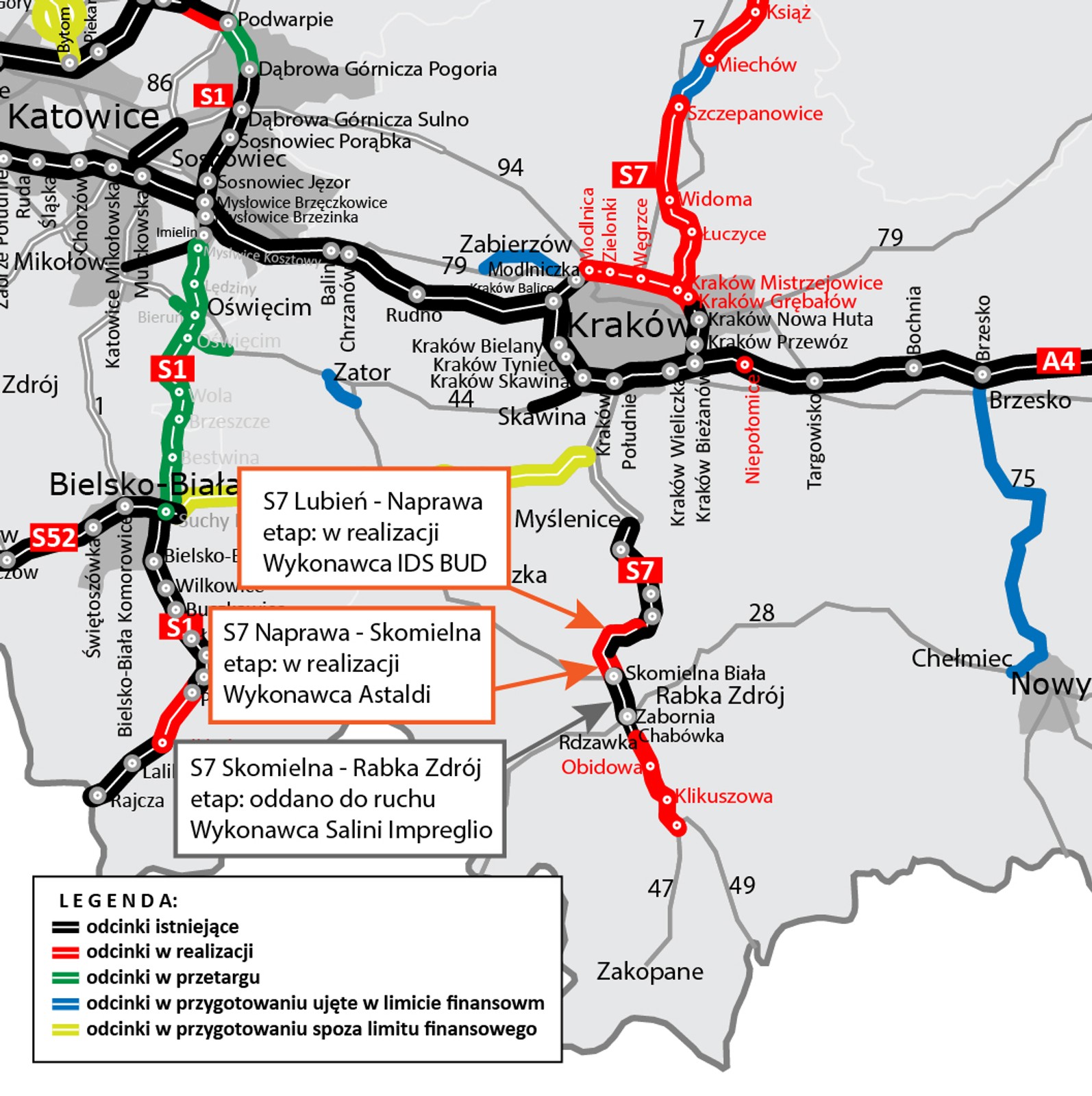 Mapa stanu budowy drogi S7 (Zakopianka)