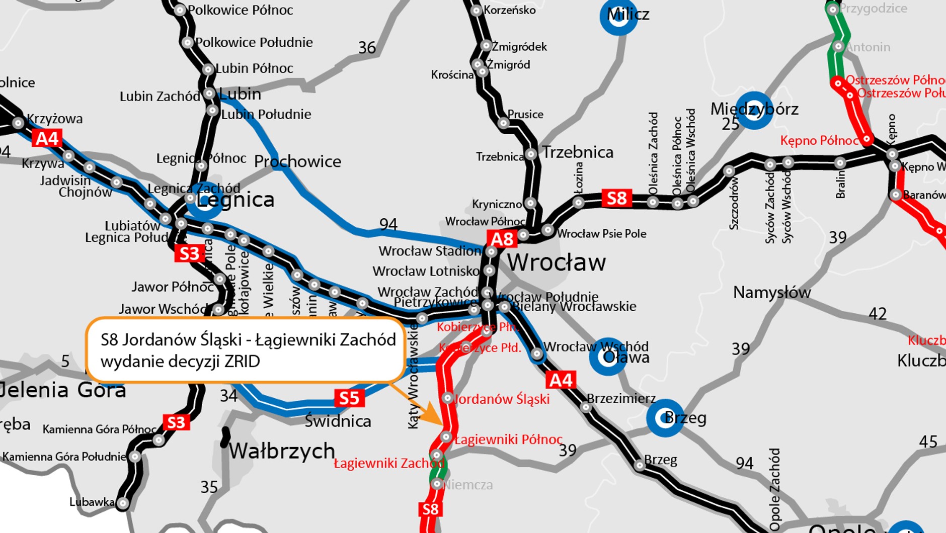 Droga S8 Jordanów Śląski - Łagiewniki Zachód, mapa