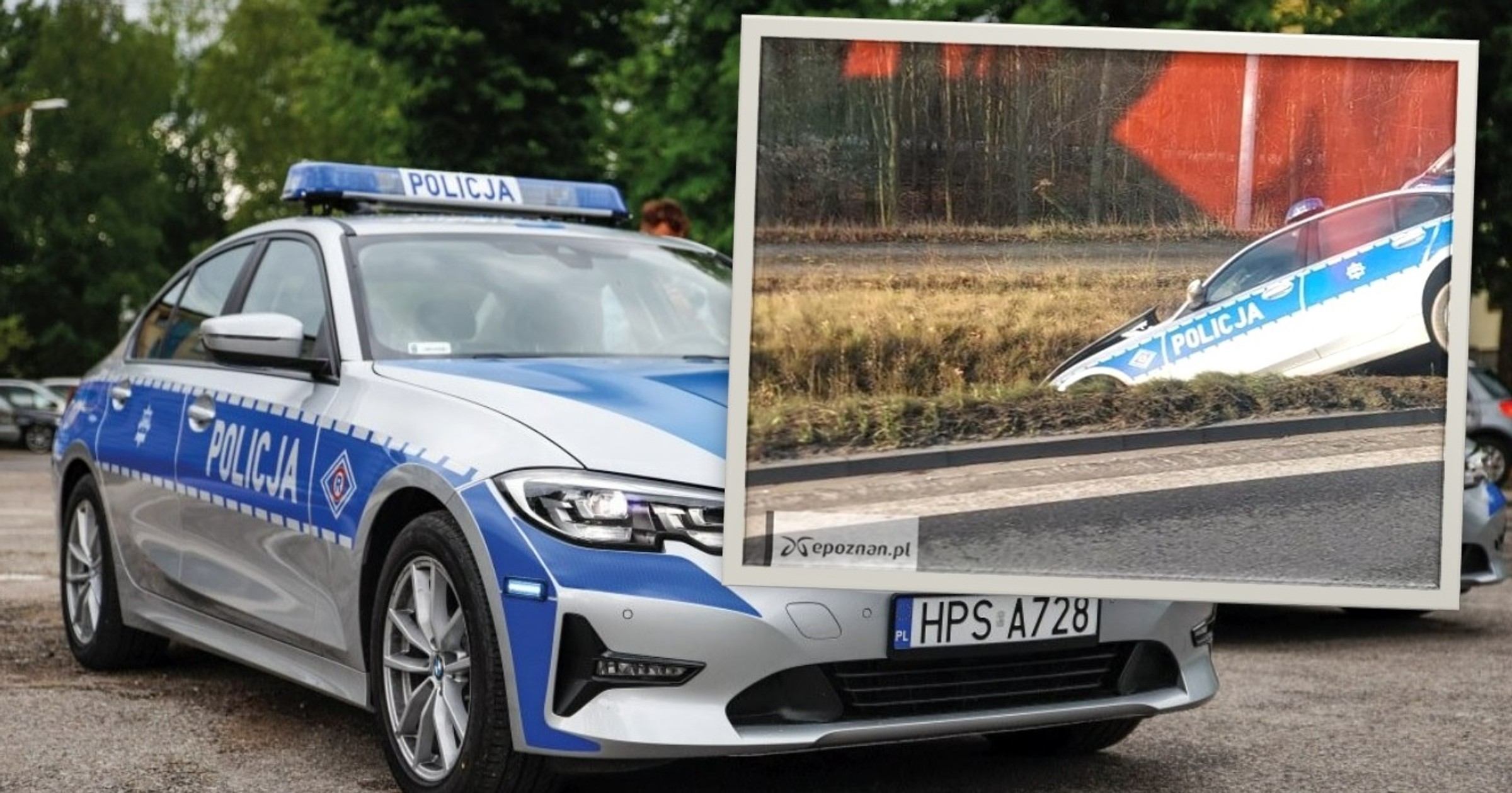 Policyjny radiowóz BMW w rowie w Poznaniu