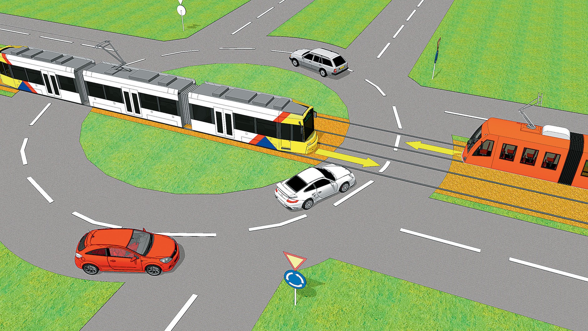 Na rysunku biały samochód musi się zatrzymać, by ustąpić pierwszeństwa tramwajowi zjeżdżającemu z ronda. Pomarańczowy tramwaj wjeżdżający na rondo nie ma jednak pierwszeństwa, gdyż obowiązuje go znak „ustąp pierwszeństwa” – ustępuje on zatem pojazdom znajdującym się na rondzie