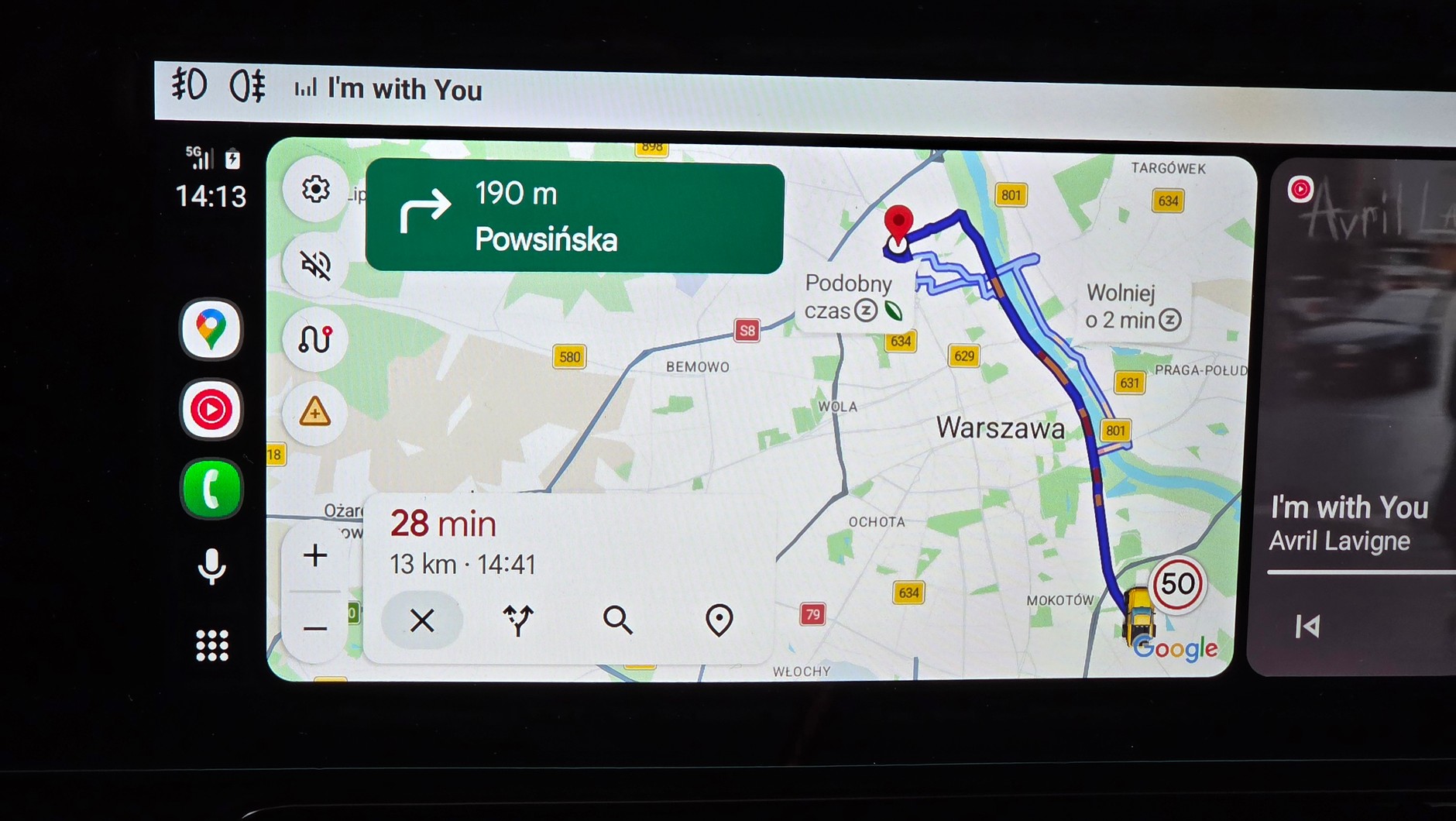 Google Maps w Android Auto, widok całej trasy