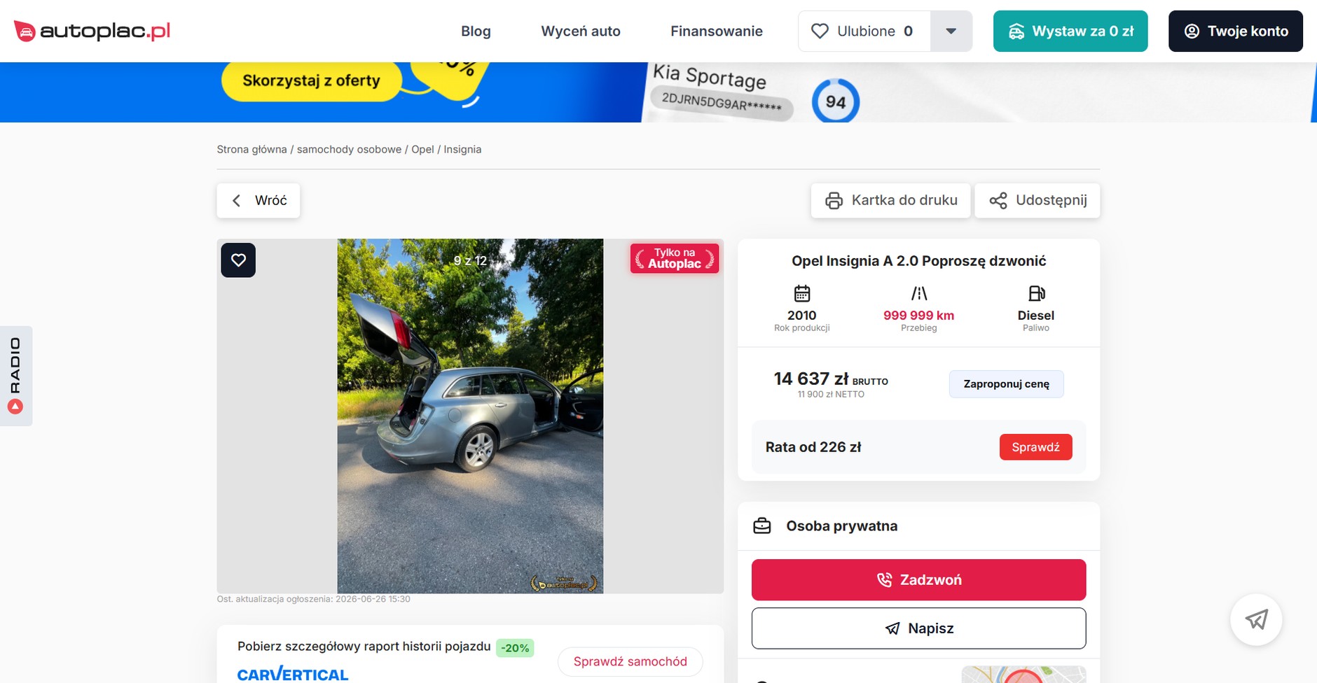 Opel Insignia z rzekomym przebiegiem 999 tys. km