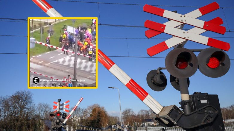 Kolarze przejechali przez zamykający się rpzejazd kolejowy