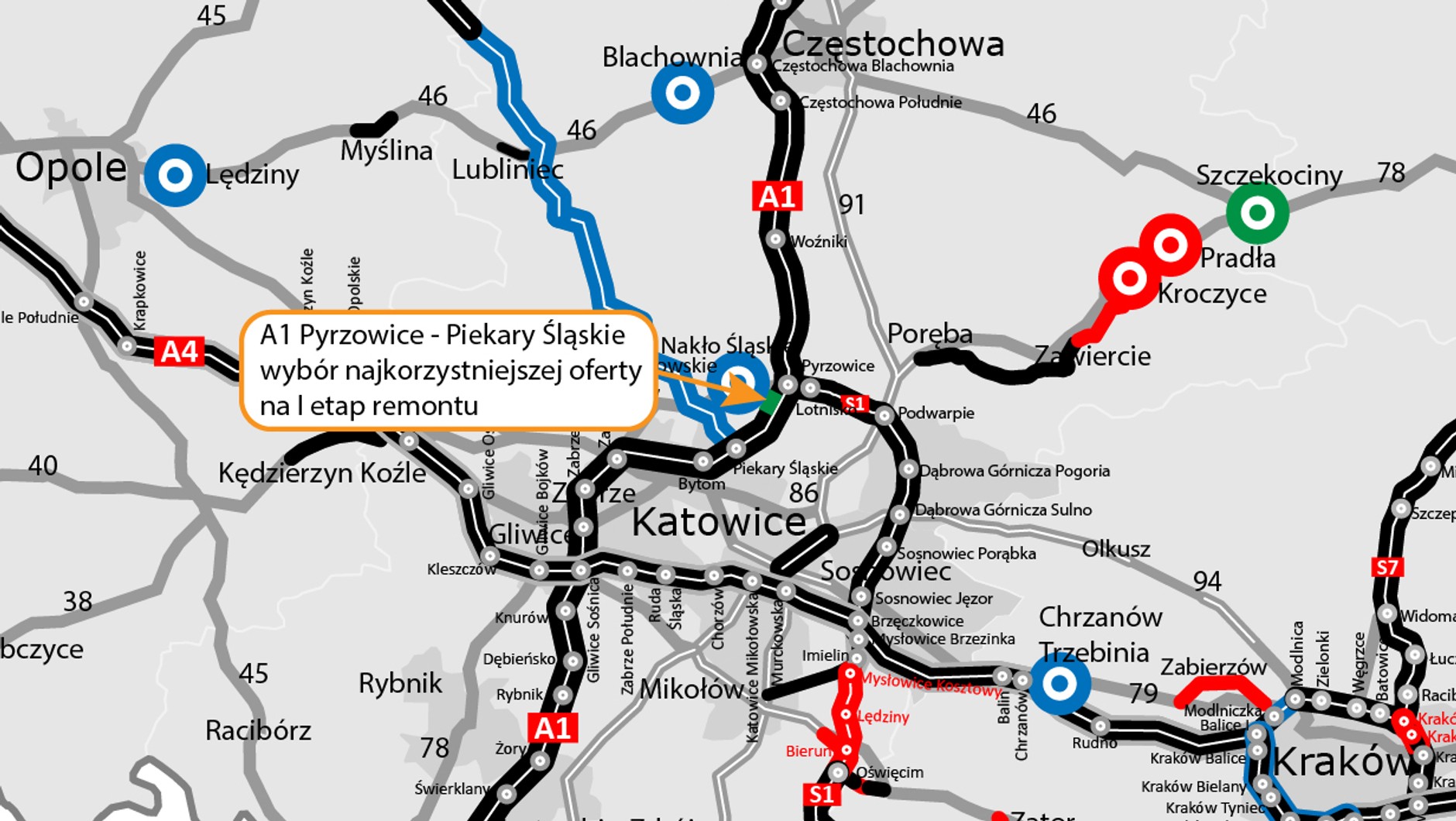 Lokalizacja inwestycji na tle mapy stanu budowy dróg