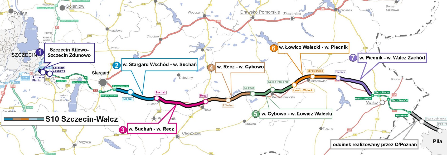 Mapa odcinków S10 Szczecin-Wałcz
