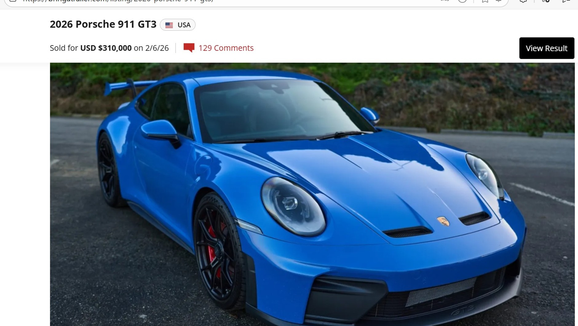 Zrzut ekranu z aukcji z omawianym Porsche 911 GT3