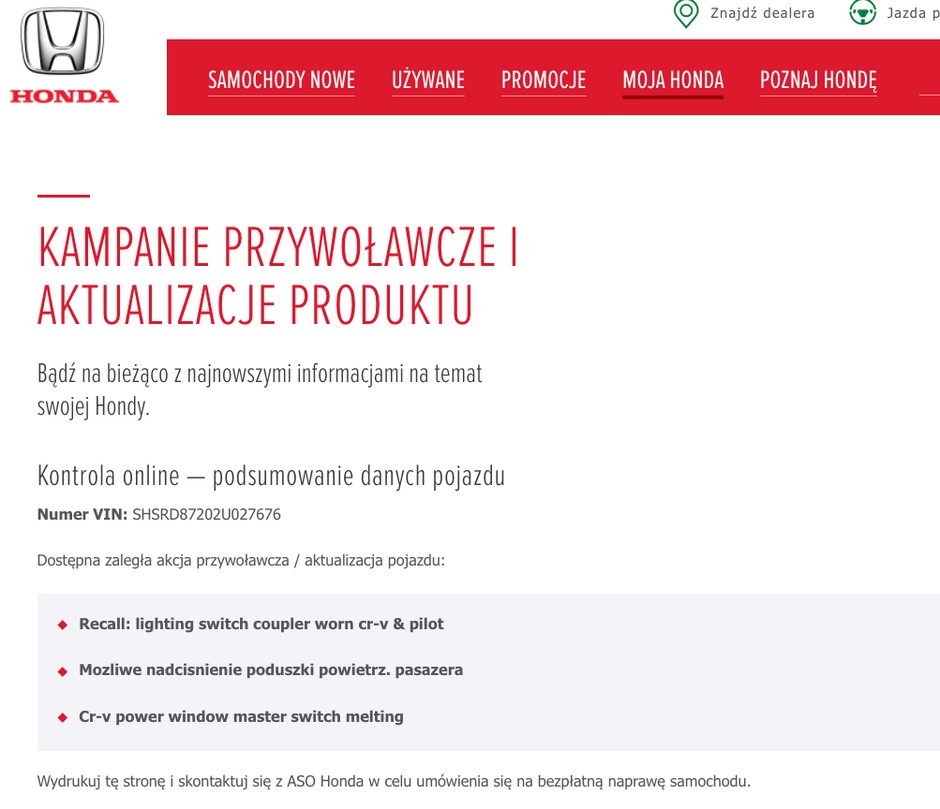 Kampania przywoławcza Hondy
