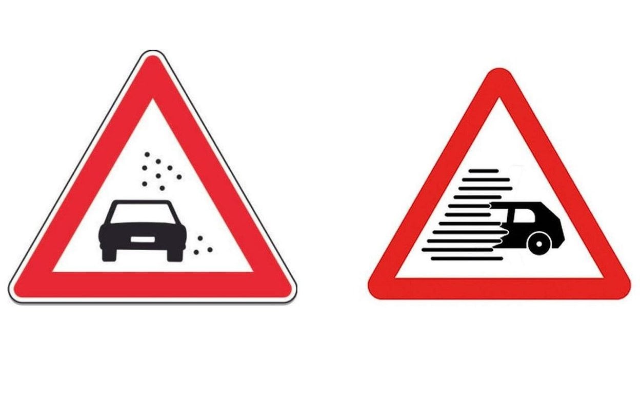 Po lewej stronie stary wzór znaku P-33. Po prawej nowy, obowiązujący od 2023 r.