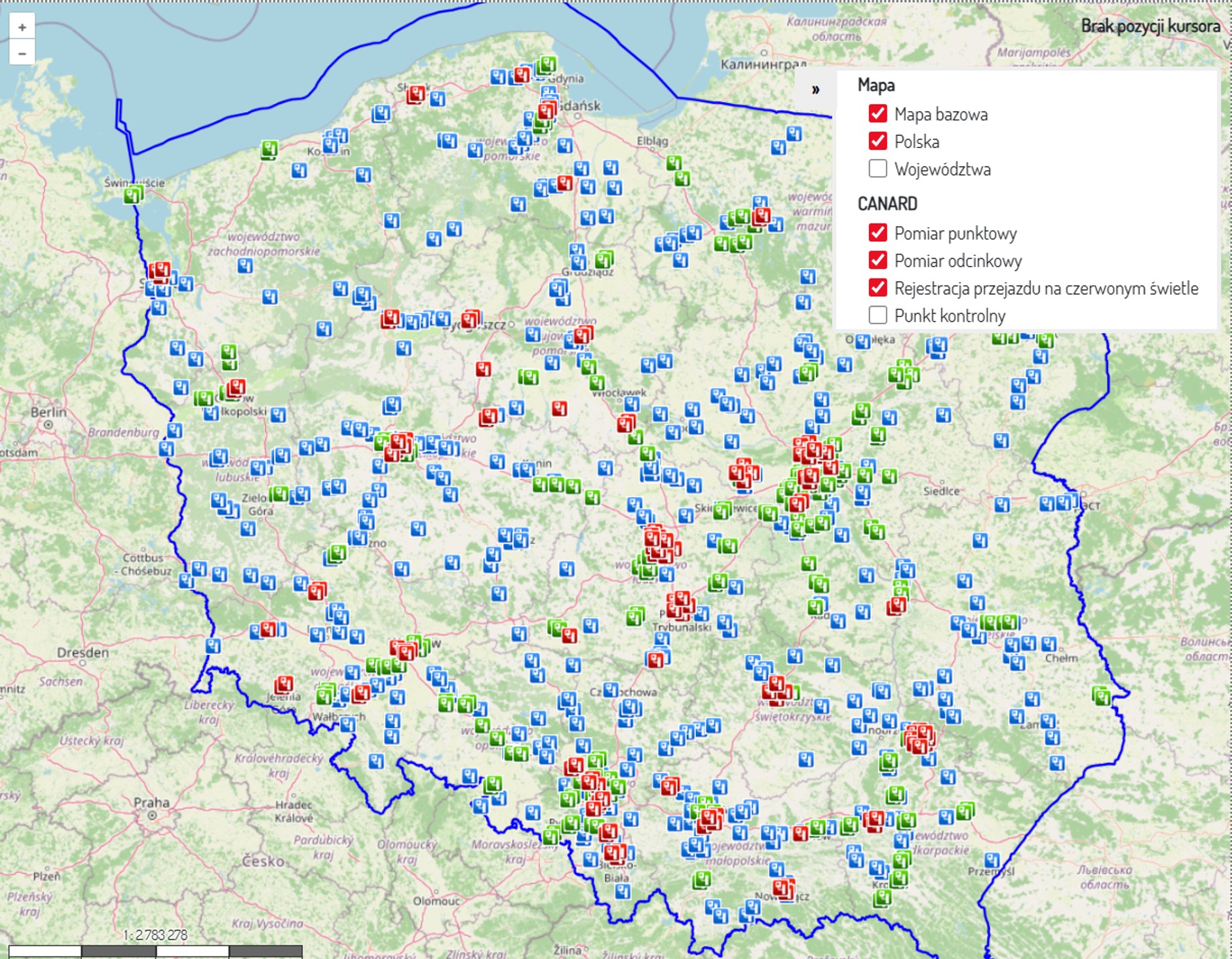 Mapa odcinkowych pomiarów prędkości i fotoradarów CANARD. Stan na 17.04.2026