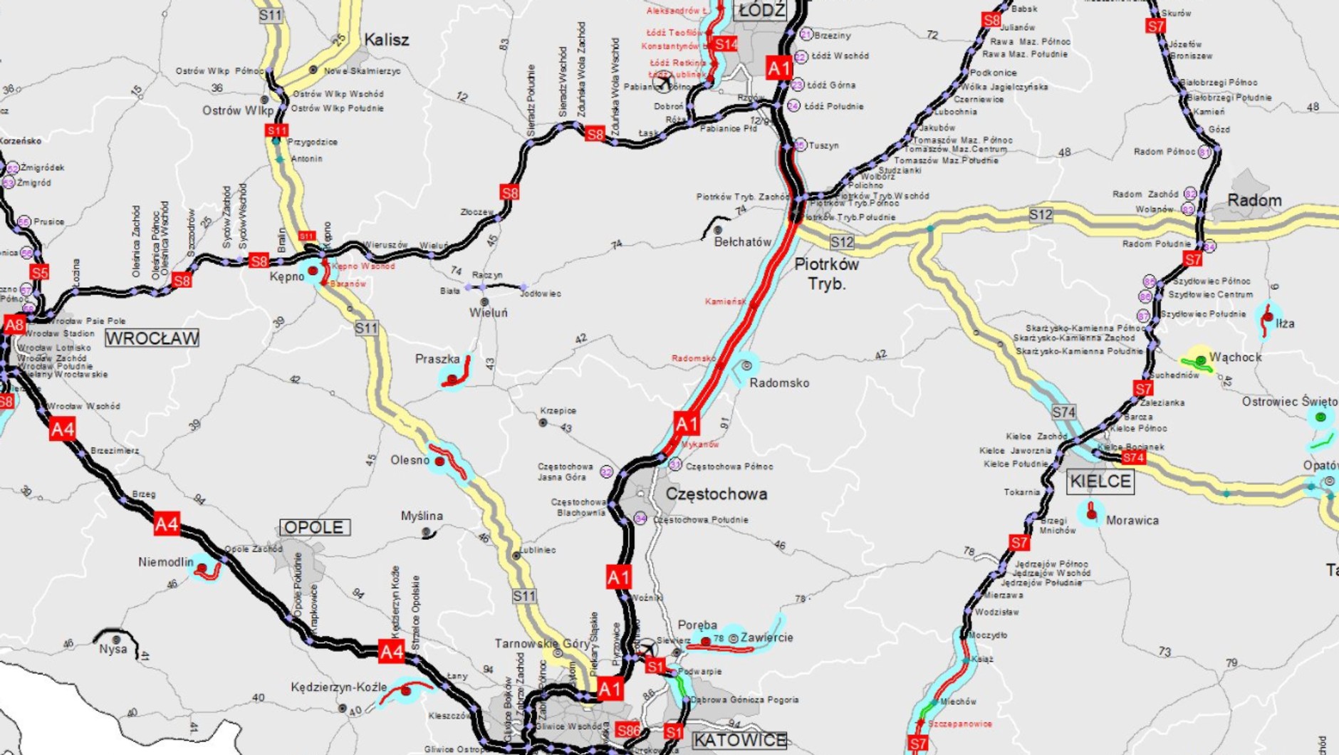 Odcinek drogi DK1, zaznaczony na czerwono, ma być 3-pasmową autostradą do 2022 roku. Obecnie na większości zaznaczonego na mapie odcinka trwają prace budowlane