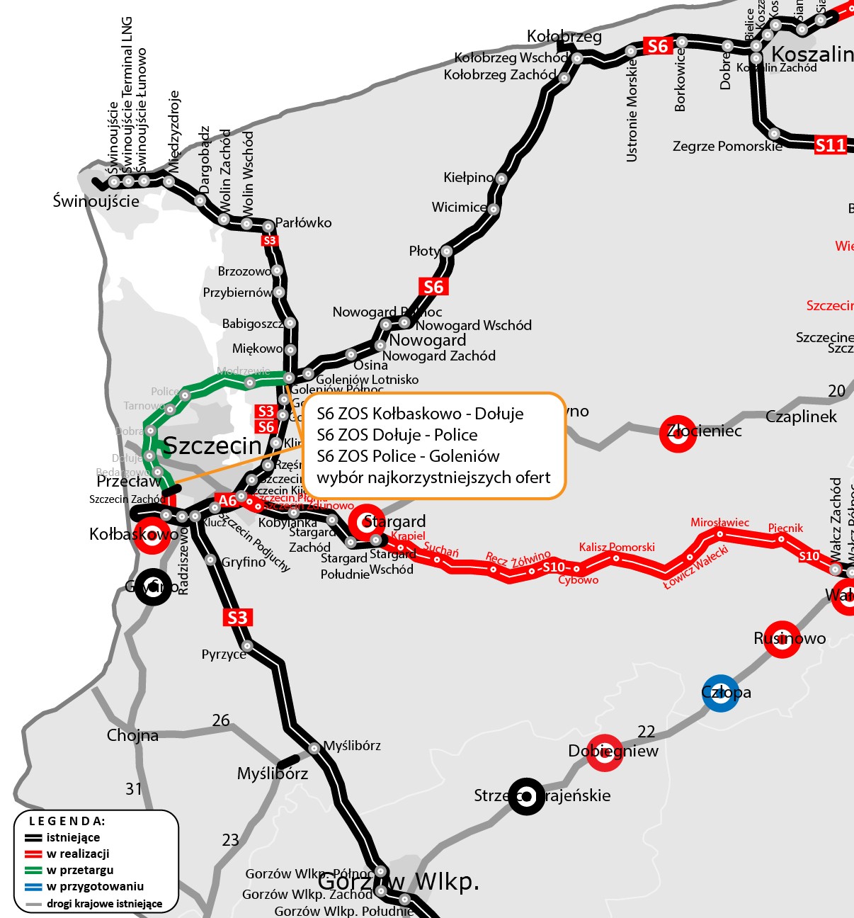 Mapa z lokalizacją inwestycji Zachodnia Obwodnica Szczecina