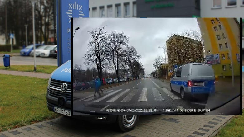 Radiowóz omijający na przejściu dla pieszych