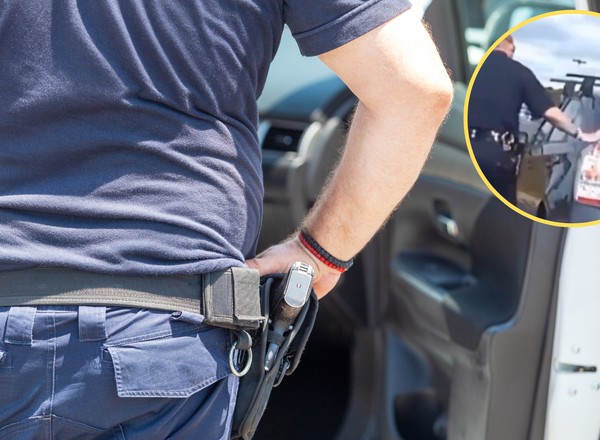 Policjant podchodzi z lewej strony i wykonuje dziwny gest. Niektórzy myją potem auto