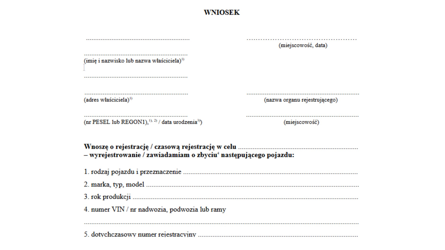Wzór wniosku o rejestrację auta