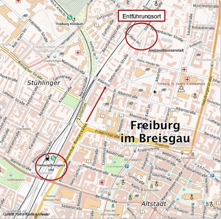 Mapa, na której zaznaczono dworzec i miejsce zdarzenia