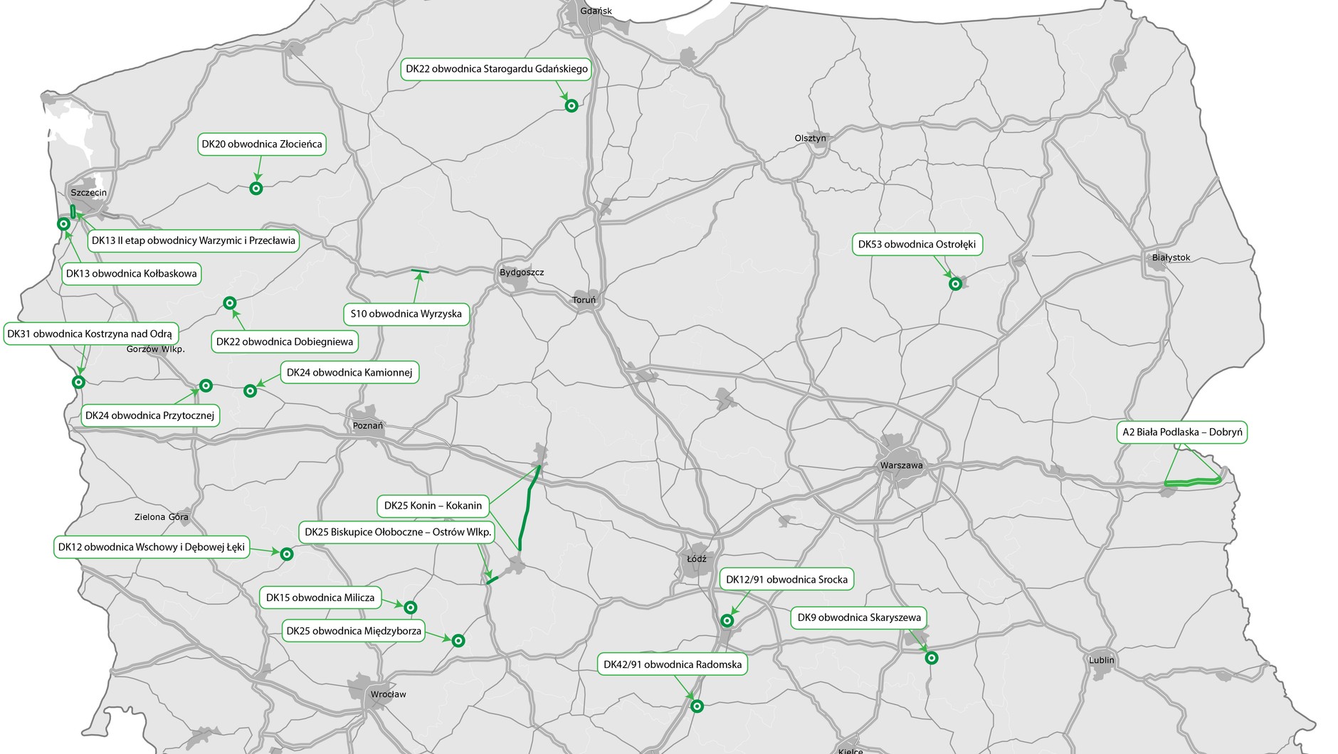 Mapa zadań planowanych do ogłoszenia w 2024 r. w ramach RPBDK i PB100 obwodnic
