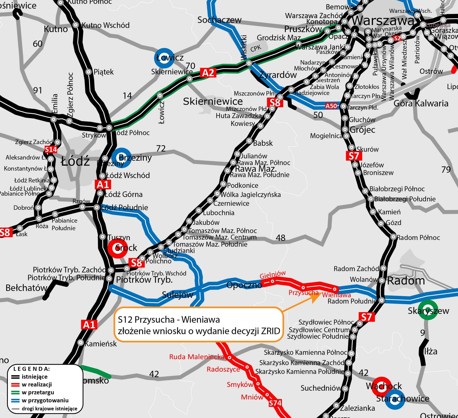 Mapa nowego odcinka drogi S12 między Przysuchą a Wieniawą