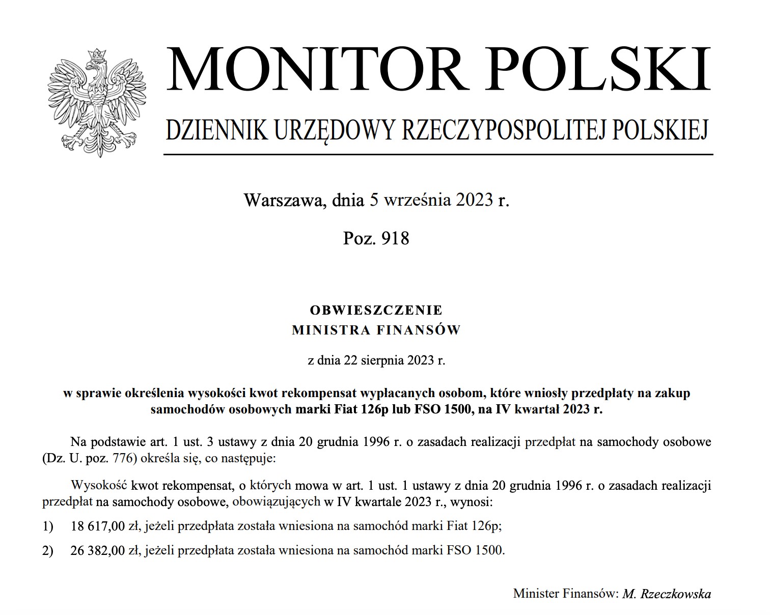 Rekompensaty za nieodebrane Fiaty 126p i FSO 1500 - IV kwartał 2023 r.
