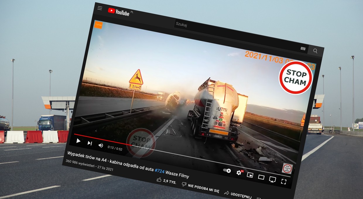 Autostrada A4: w wyniku zderzenia z ciężarówki odpadła kabina [Nagranie]