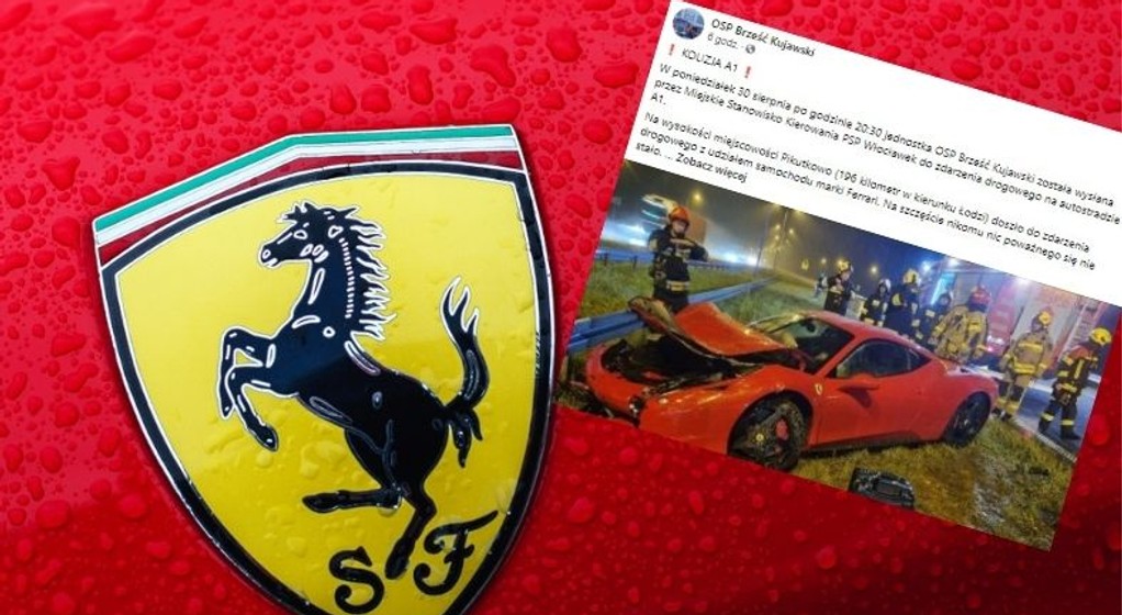 Nadmierna prędkość była przyczyną wypadku Ferrari pod Włocławkiem (fot. Facebook.com/OSP-Brześć-Kujawski)