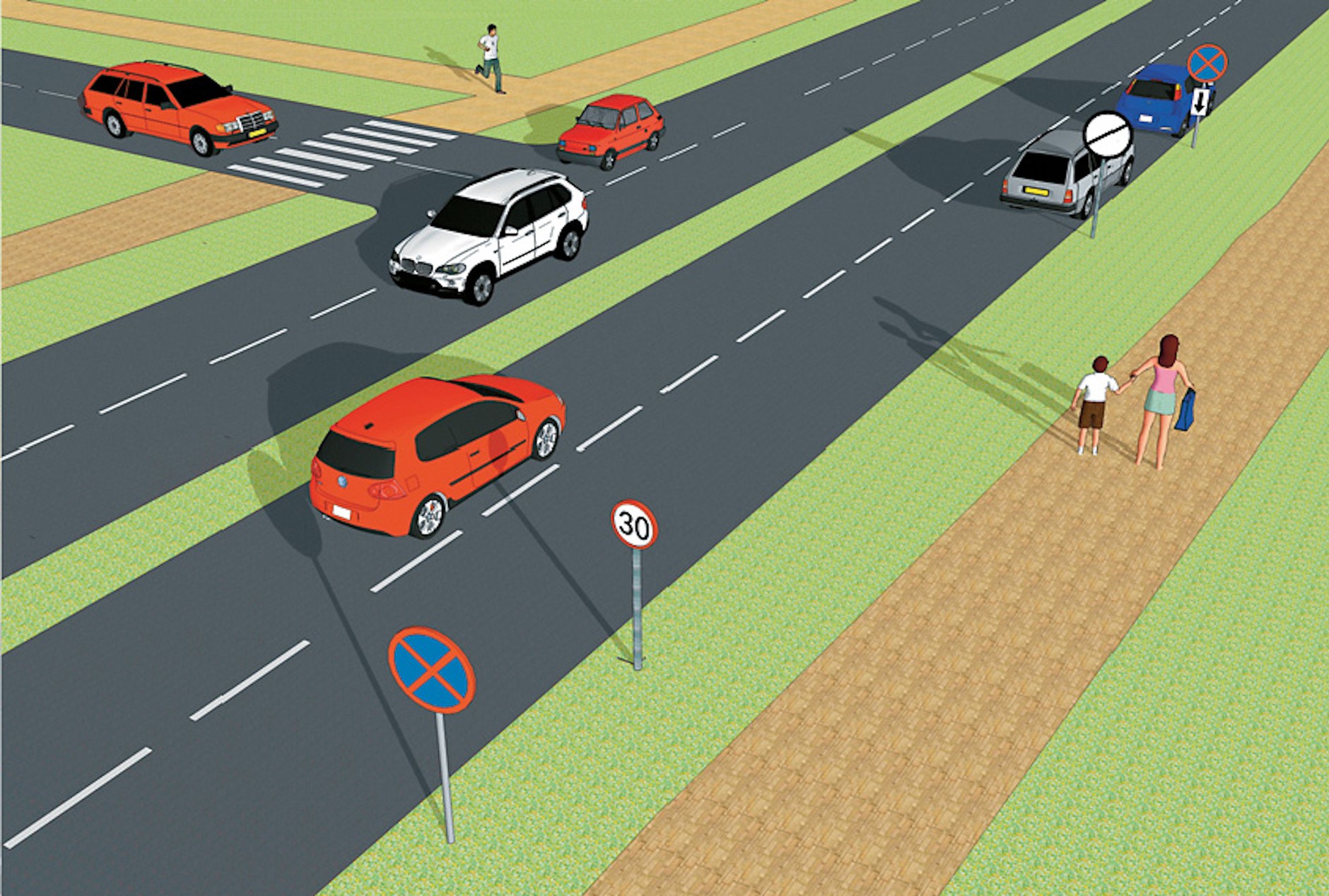 „Mistrzowie” parkowania: na drodze dwupasmowej, gdy kierunki ruchu oddzielone są pasem zieleni, skrzyżowanie drugiej nitki nie odwołuje „naszego” zakazu zatrzymywania się