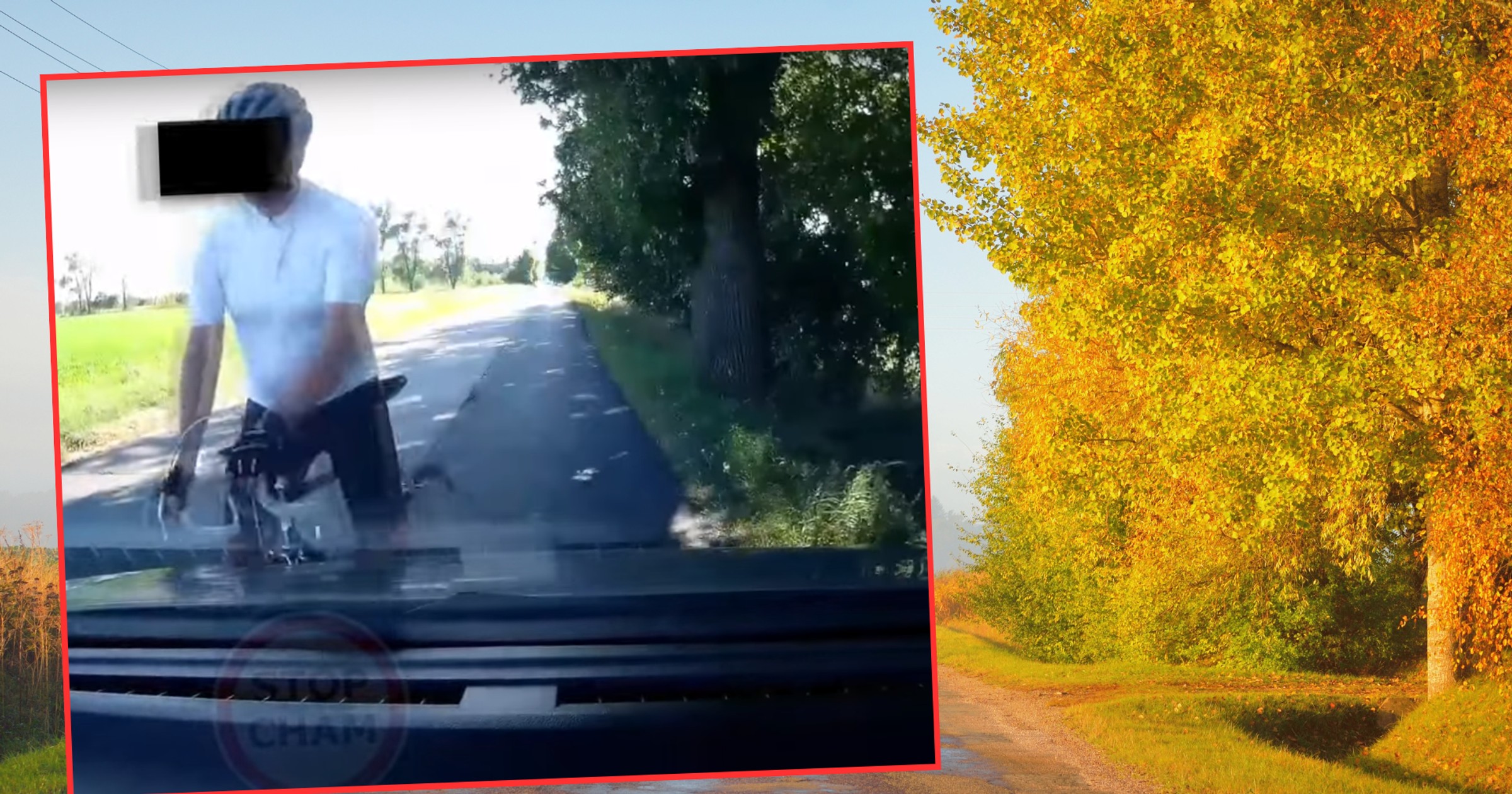 Rowerzysta jadący pod prąd miał pretensje do kierowcy poruszającego się po swoim pasie ruchu (screen: STOPCHAM/YouTube)