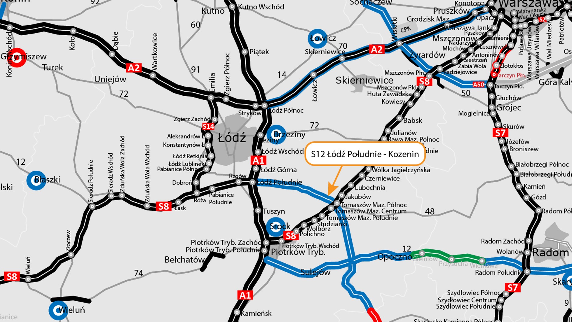Mapa przebiegu drogi S12 Łódź Południe — Kozenin
