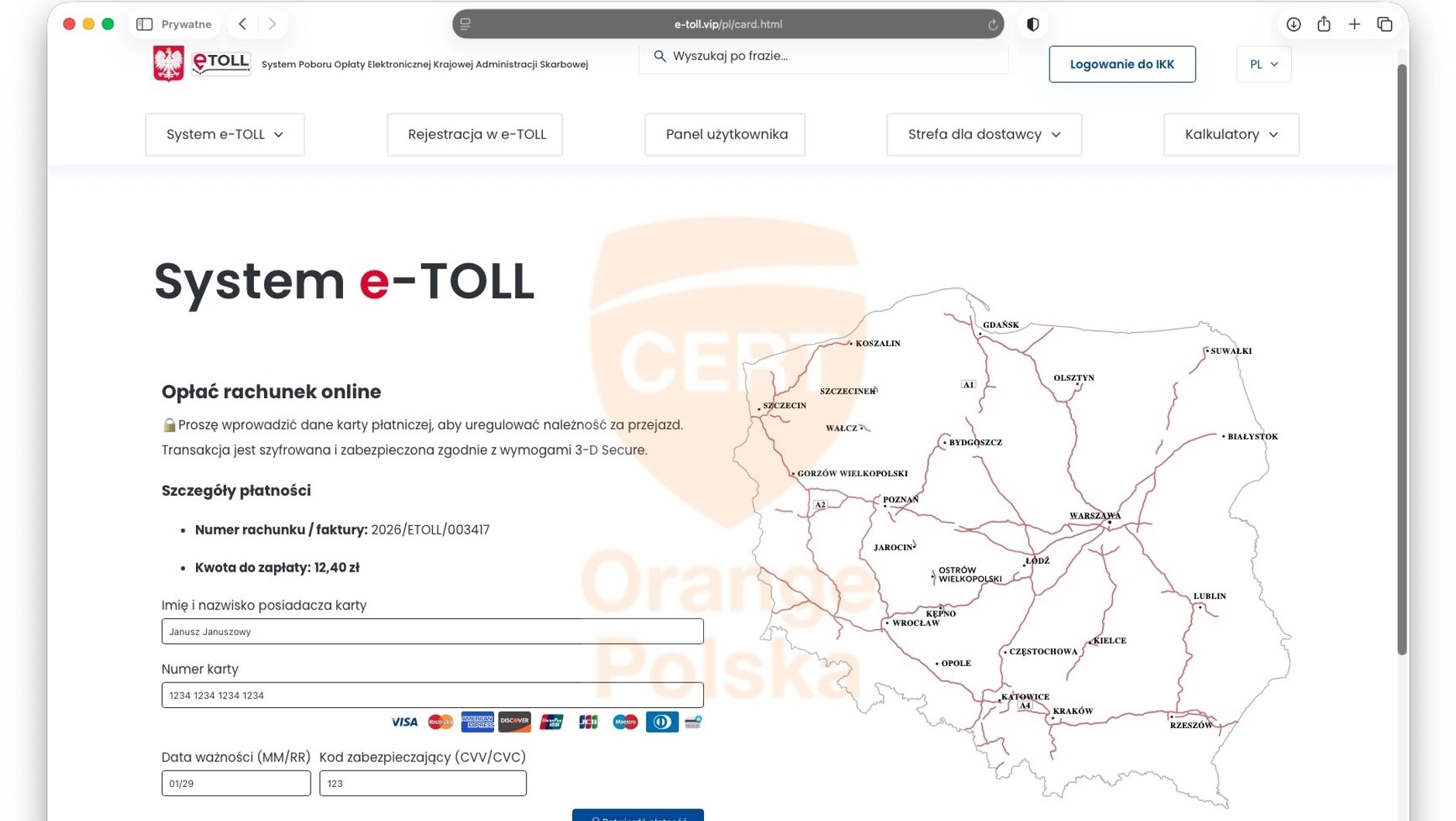 Fałszywa strona do płatności w systemie e-TOLL pokazana przez CERT Orange