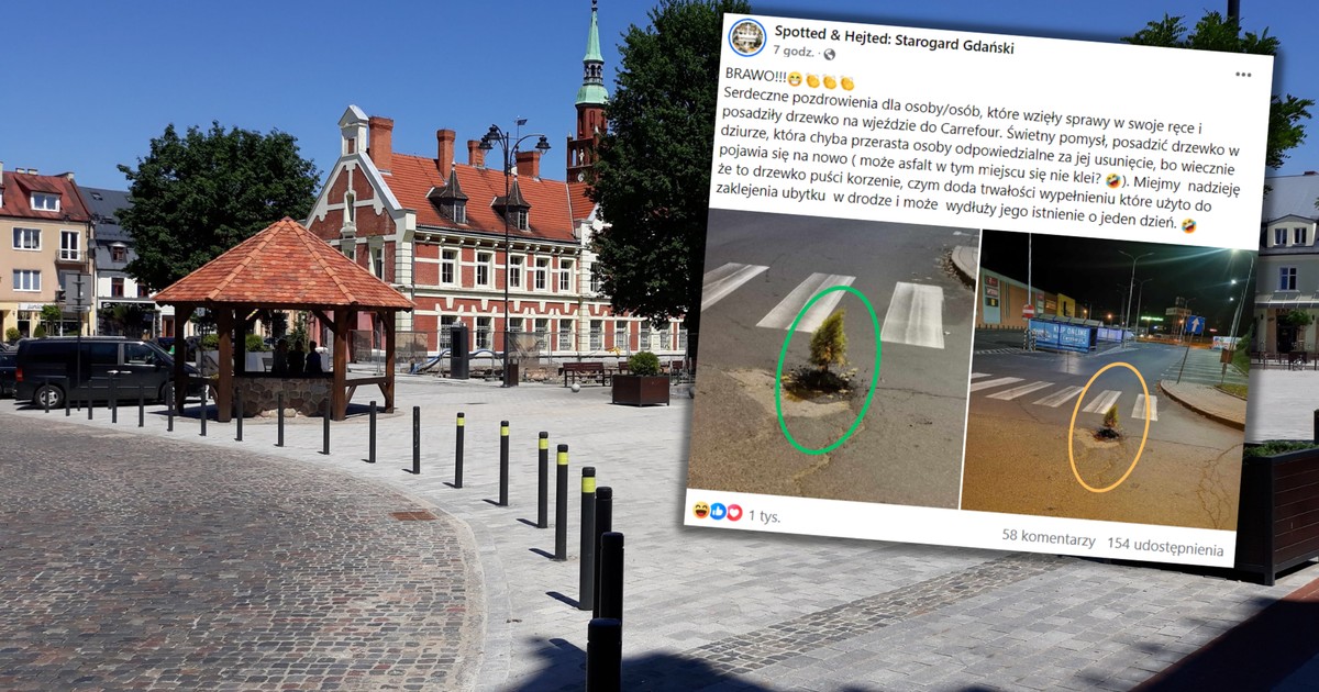 "Kociewski sposób" na łatanie dziur w jezdni (Screen: Facebook/Spottedstarogardgdanski)