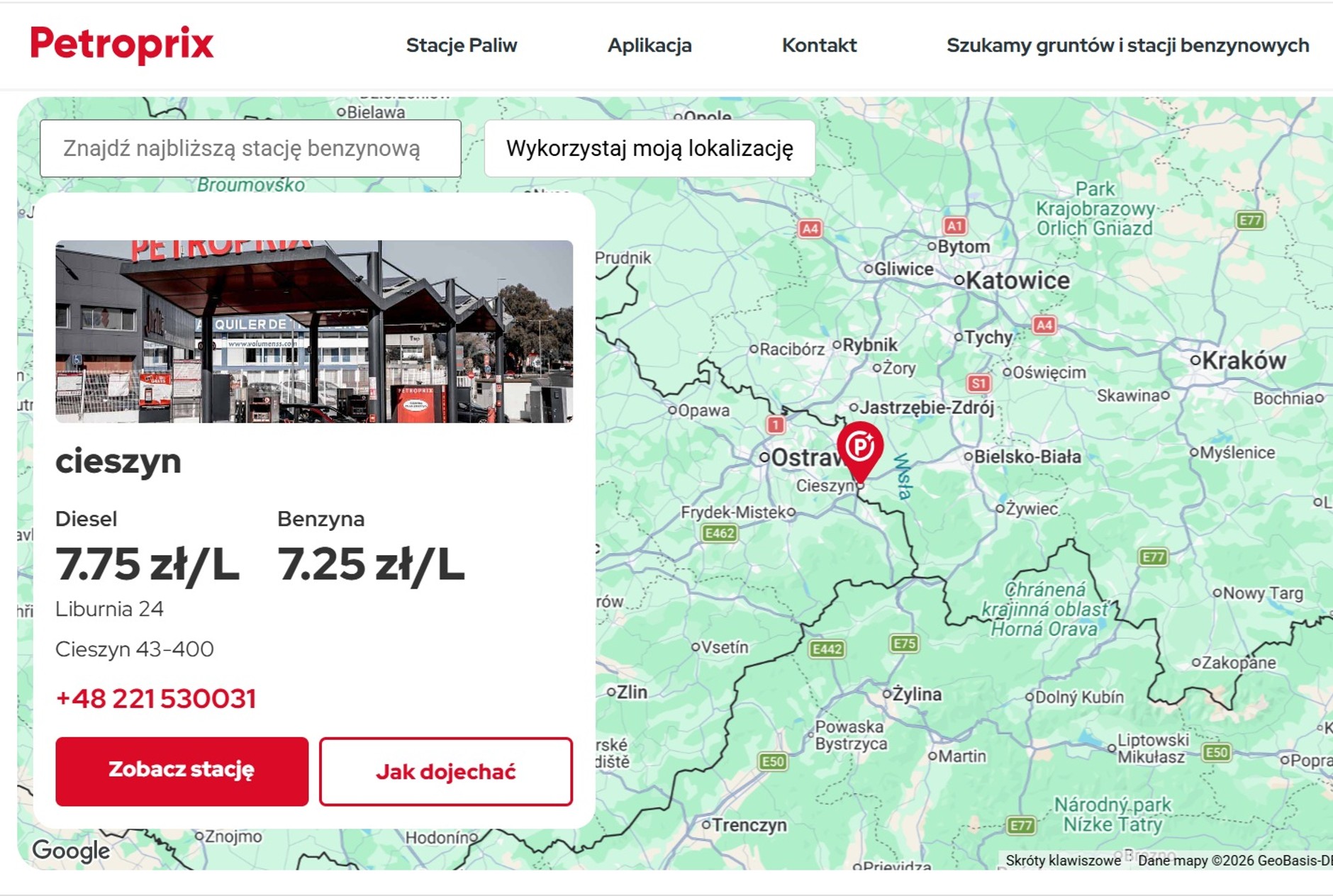 Ceny paliw na stacji Petroprix w Cieszynie