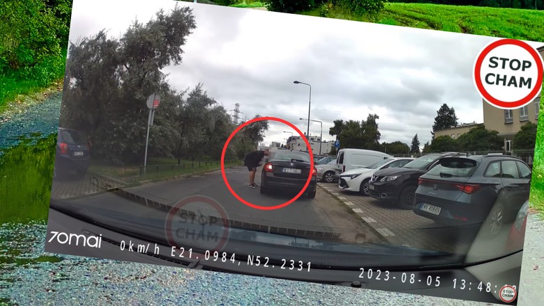 Pieszemu nie spodobało się, że kierowca go oblał (youtube.com/@STOPCHAM)