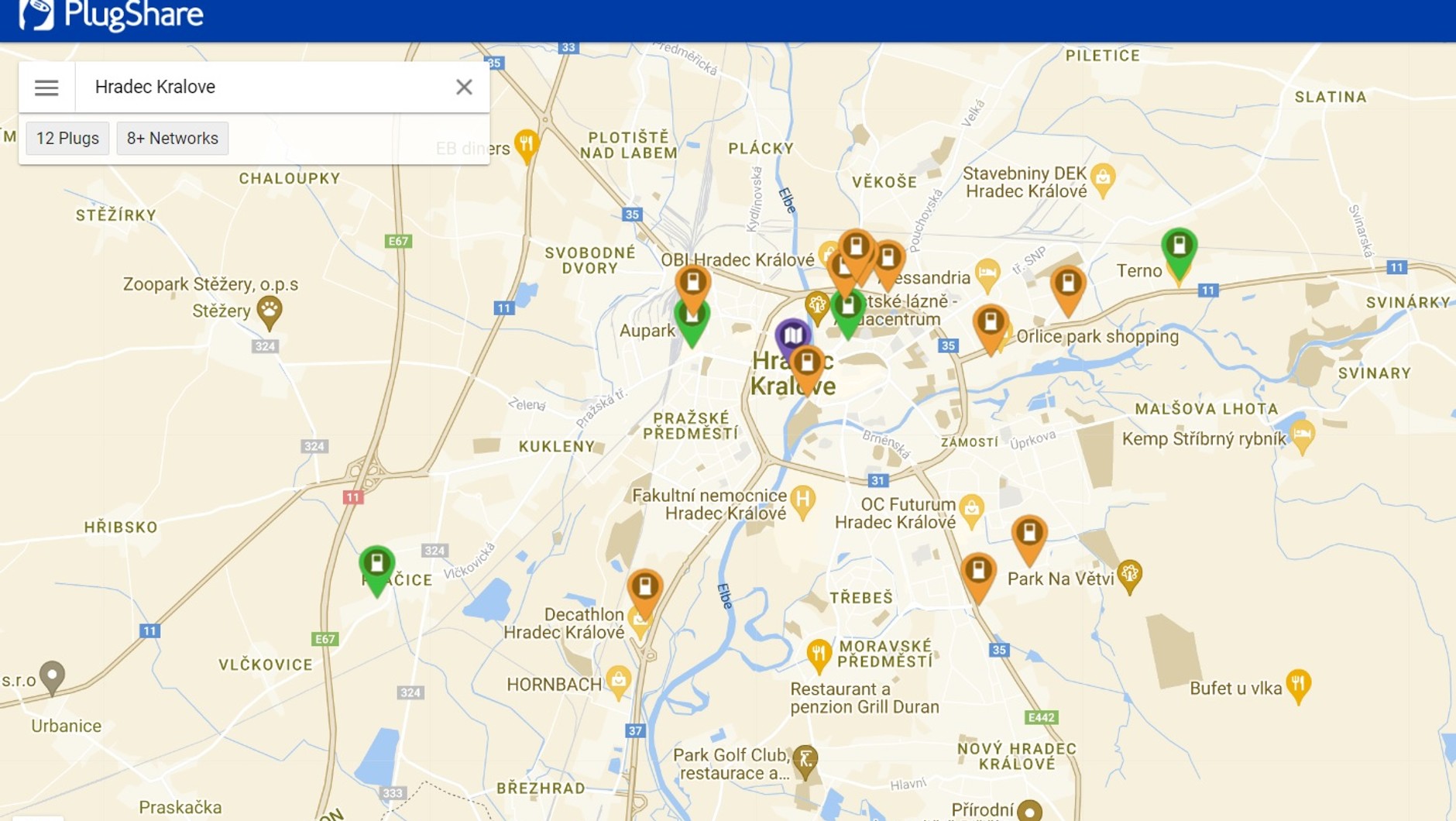 Mapa ładowarek w Hradecu Kralowe w Czechach (zrzut ekranu)
