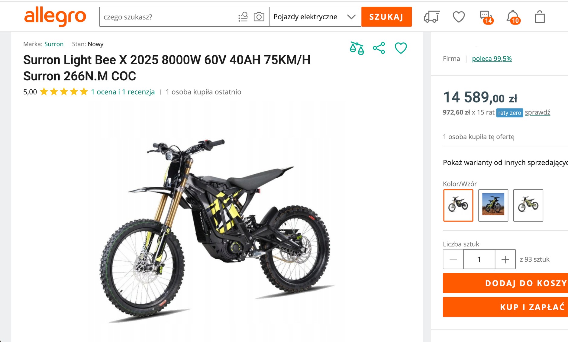 Jedna z ofert prawdziwego Surrona na Allegro.pl. Problem w tym, że sprzedawca uważa, że jest to rower, nie jest też w stanie dostarczyć dokumentów do ewentualnej rejestracji tego motocykla, gdyby ktoś chciał jeździć legalnie