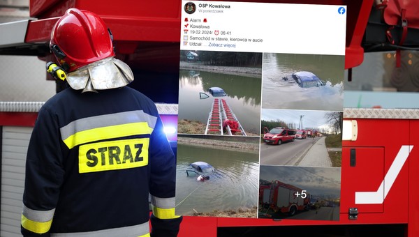 Wjechała autem do stawu. Na miejscu akcja ratunkowa (fot. screen: facebook.com/@OSPKowalowa)