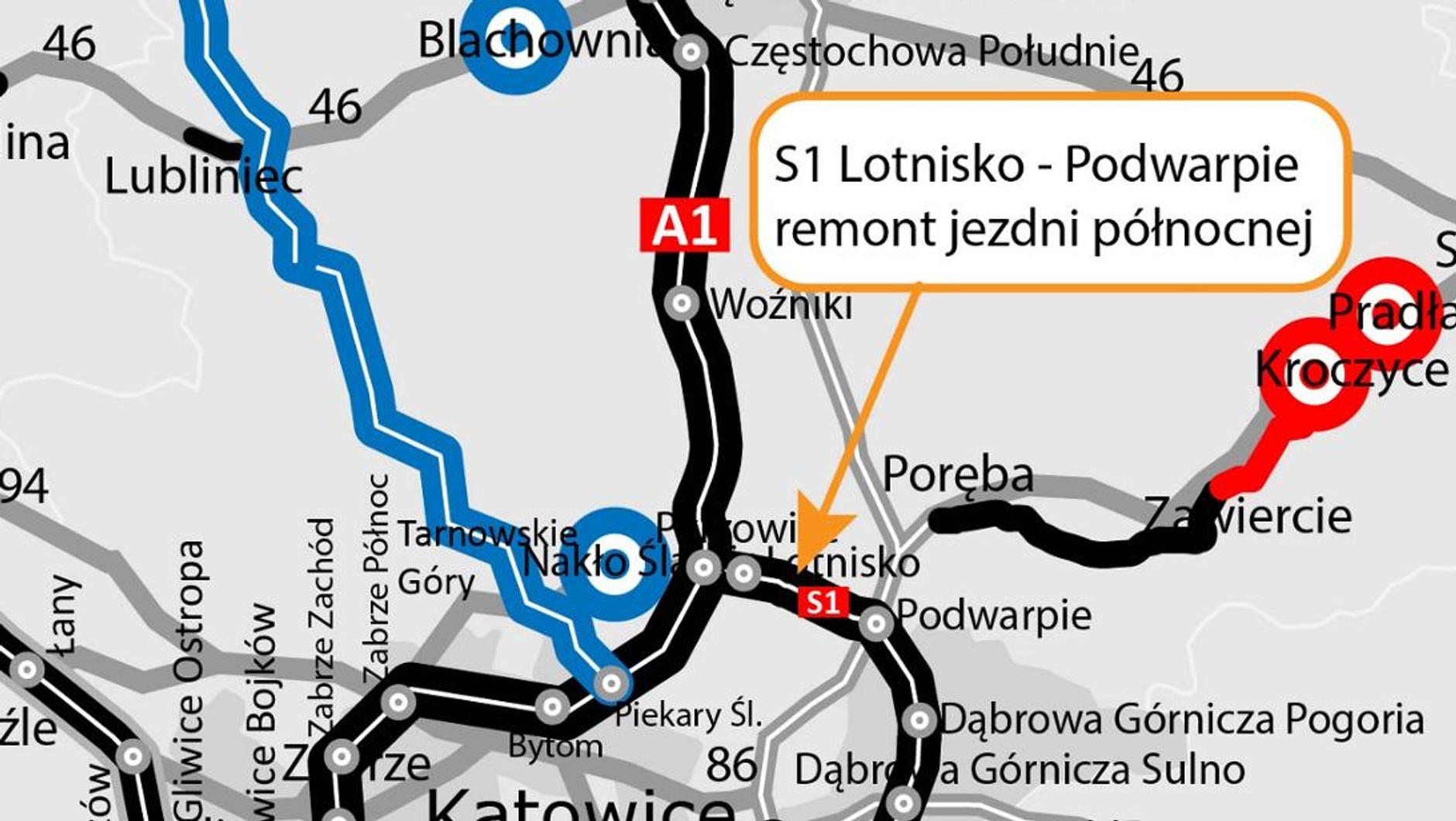 Remont nawierzchni na S1 Lotnisko - Podwarpie, mapa